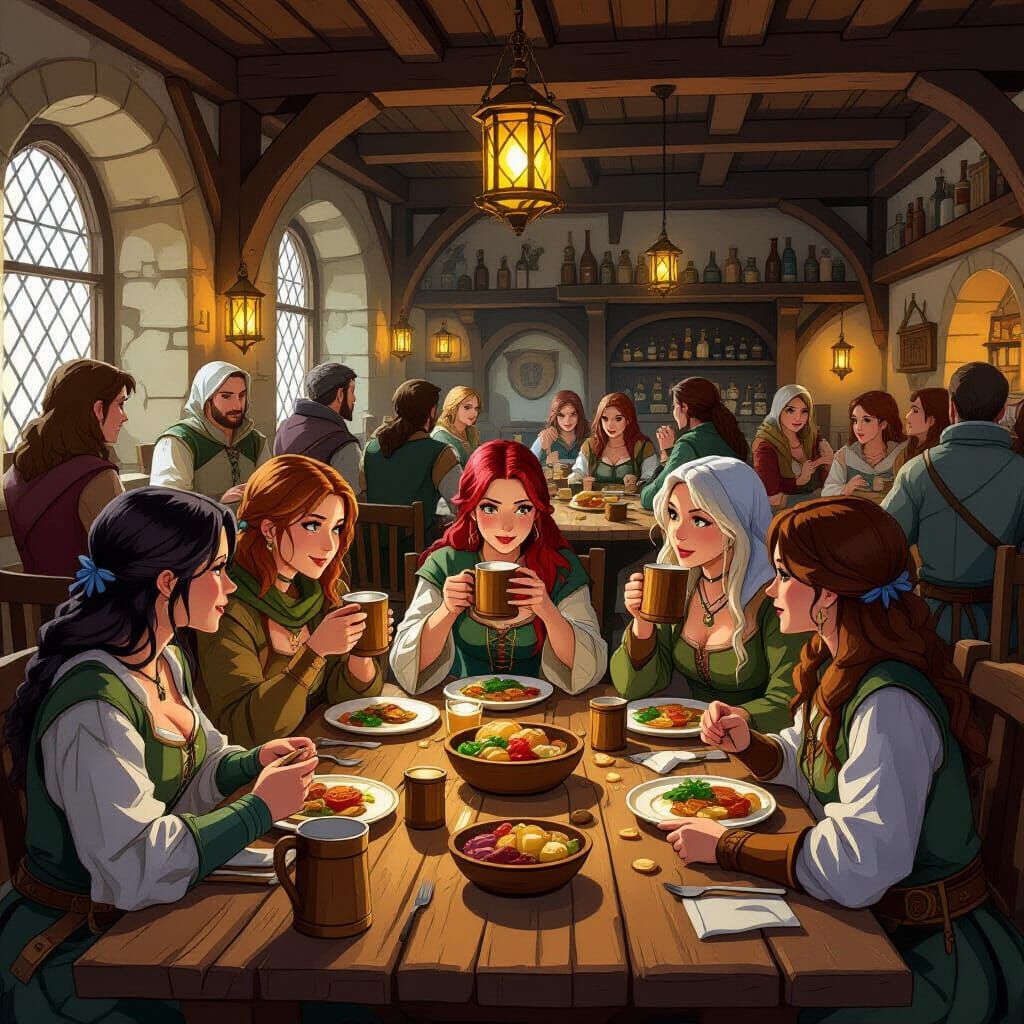 Medieval Tavern Scene: Women Dining and Chatting in Anime St...