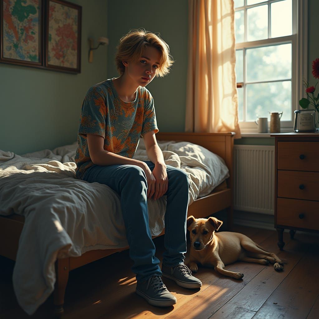 Hyperrealistic Portrait of a Young Man with Dog
