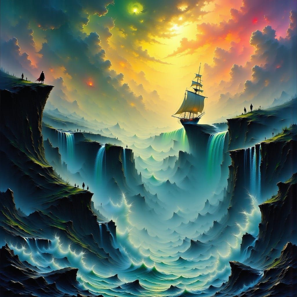 Majestic Galleon Navigates Colossal Waterfall in Epic Fantas...