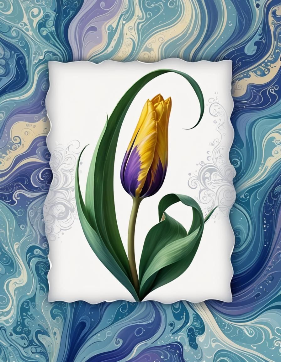 Purple Tulip on Marbled Paper in Abstract Style
