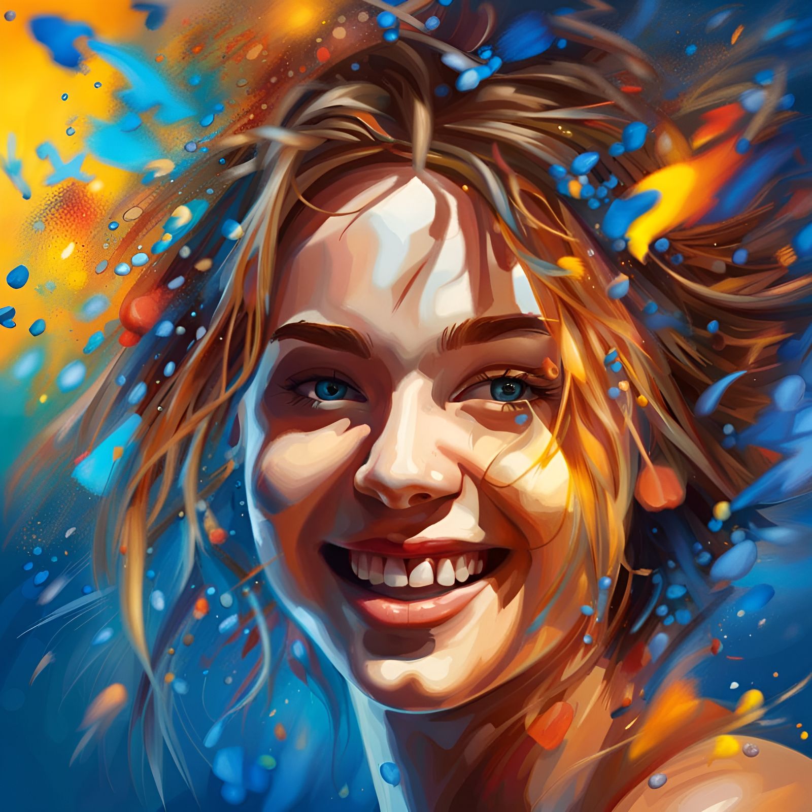 Happy Blue-Eyed Woman: Hyperrealistic Splash Art Portrait
