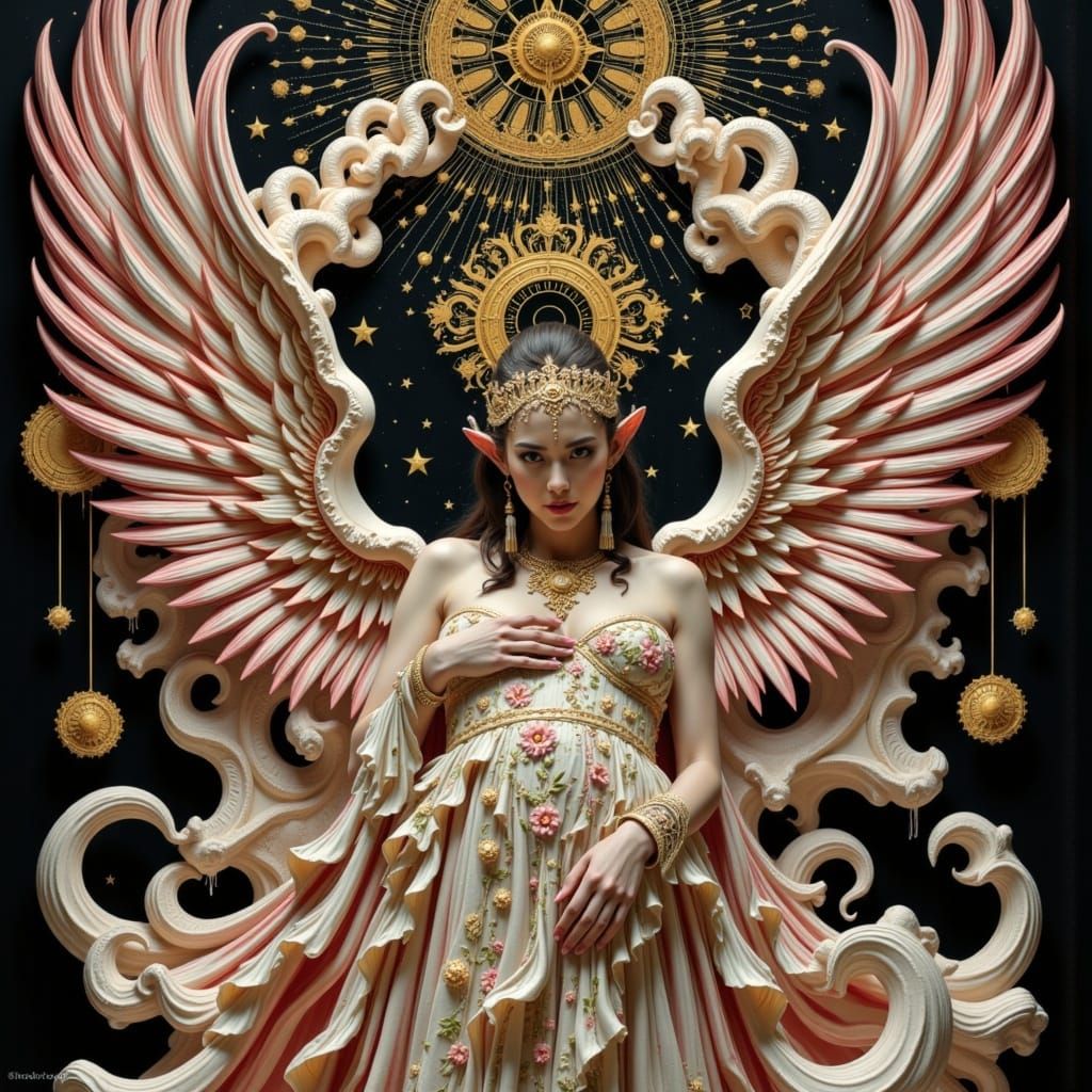 Psychedelic Queen of Whimsy in Dreamlike Art Nouveau Attire