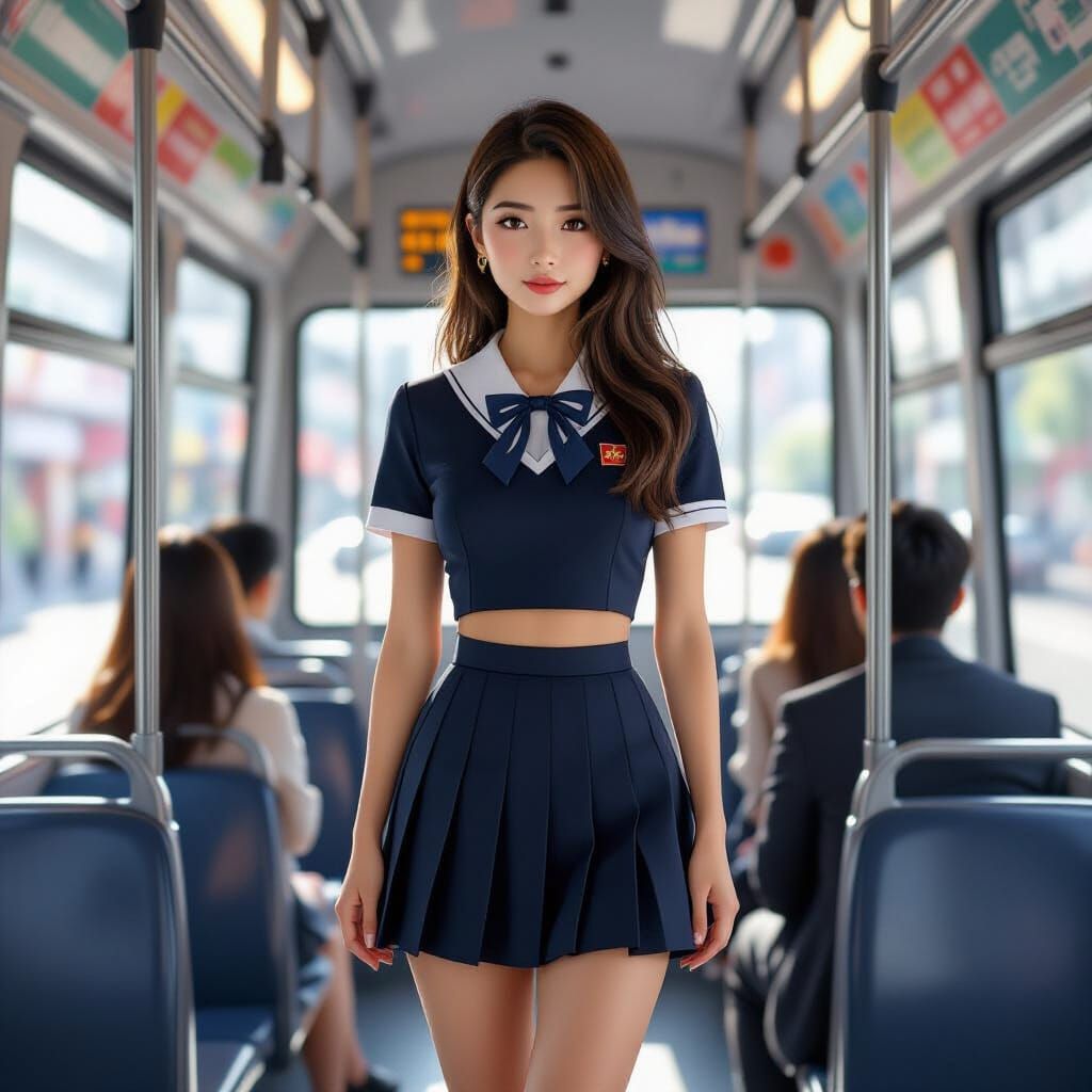 Woman in JK Uniform on Bustling City Bus