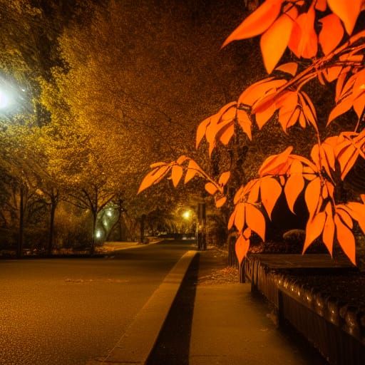 Autumnal Night Scene with Falling Orange Leaves