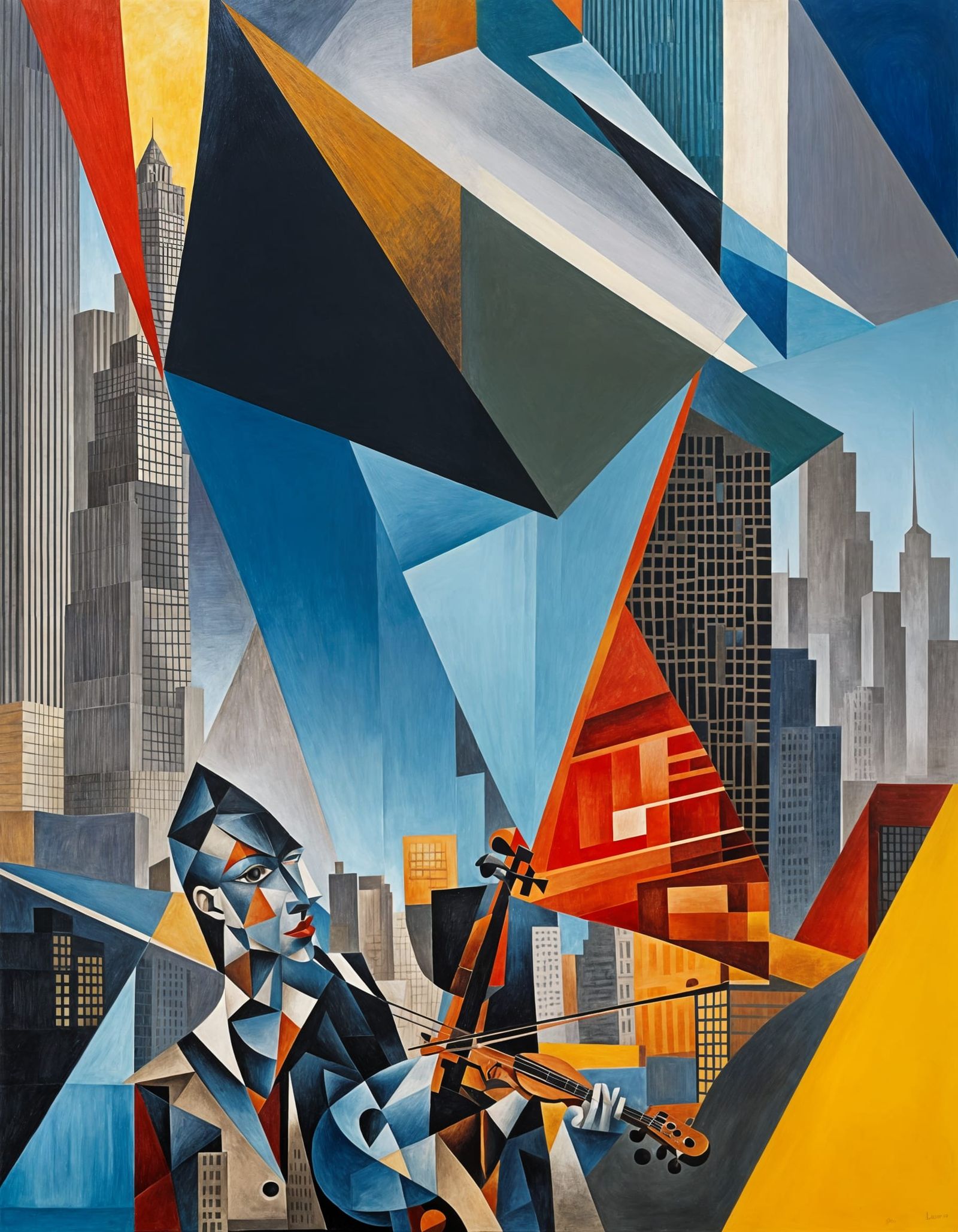 Cubist Violinist in Modern Cubist Style