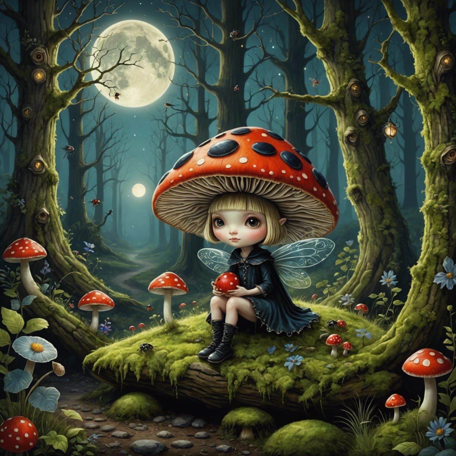 Mushroom Fairy in Enchanted Forest Under Moonlight