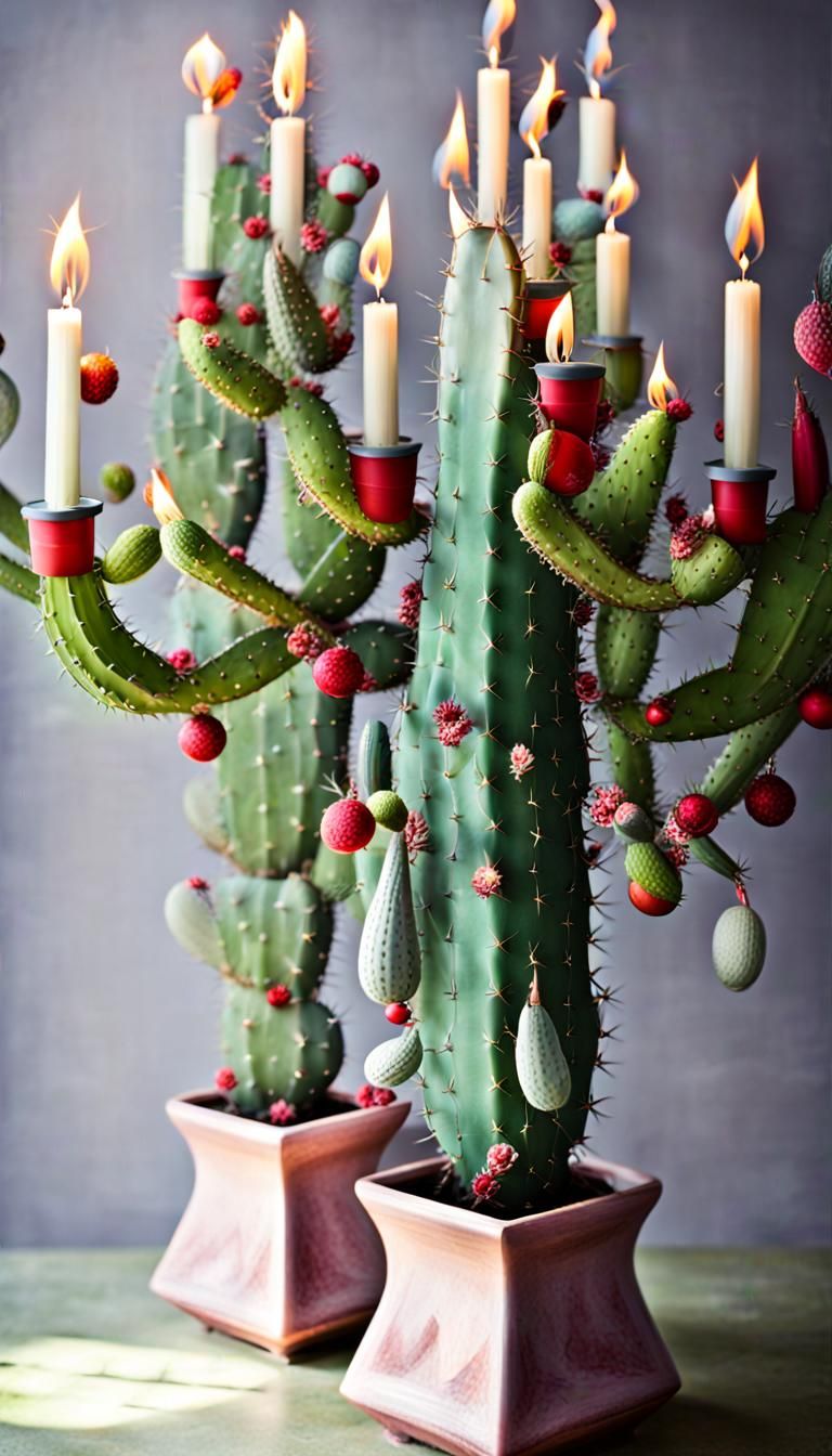 Christmas Cactus Candelabra with Ceramic Ornaments