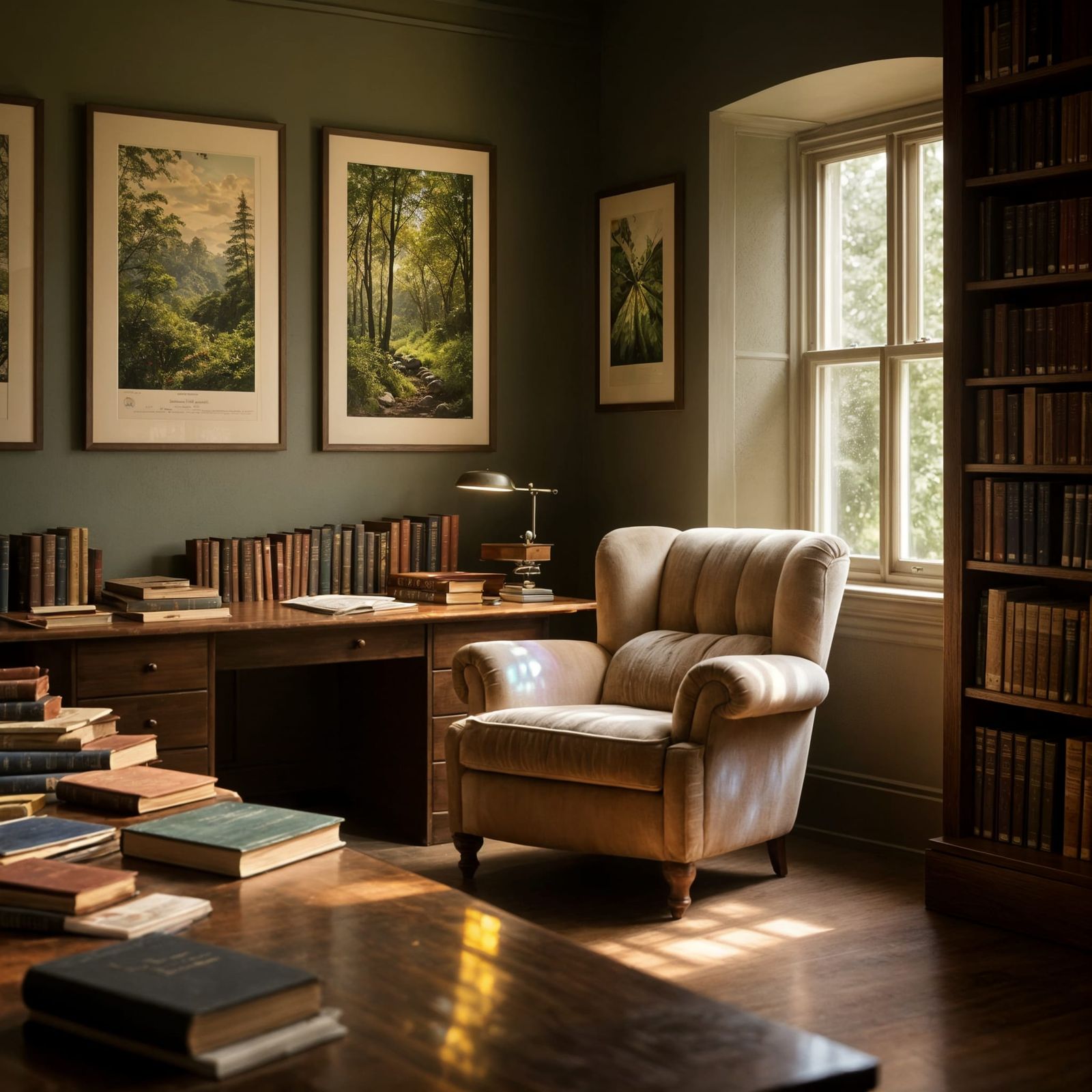 Cozy Study Room with Textured Chair and Library