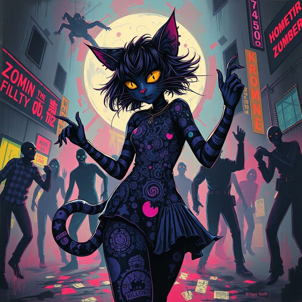 80s Anime Cheshire Cat Girl in Neon Zombie Apocalypse
