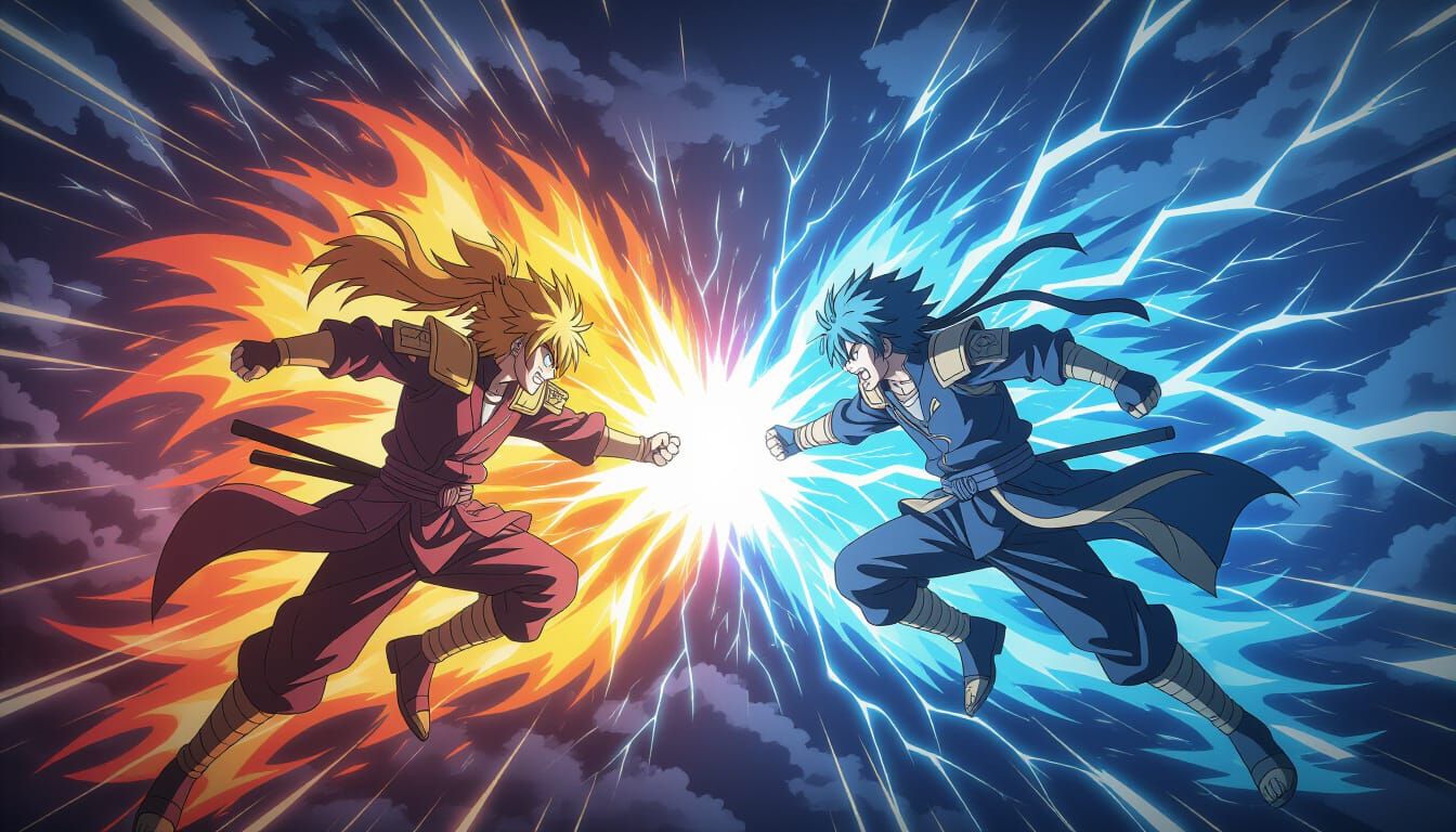 Anime Warriors Clash Fiery Aura vs Lightning Power