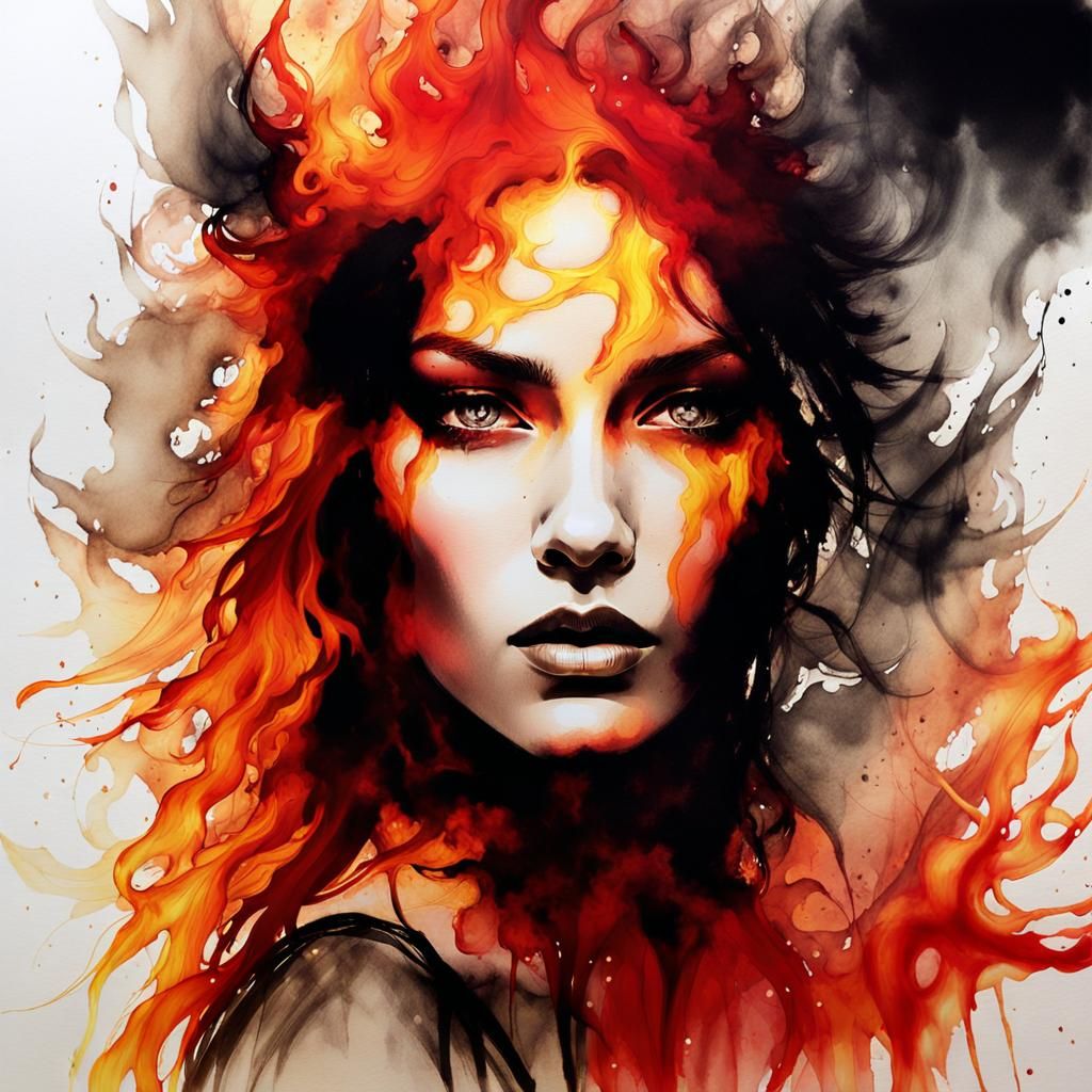 Flaming Goddess Portrait in Impressionistic Style