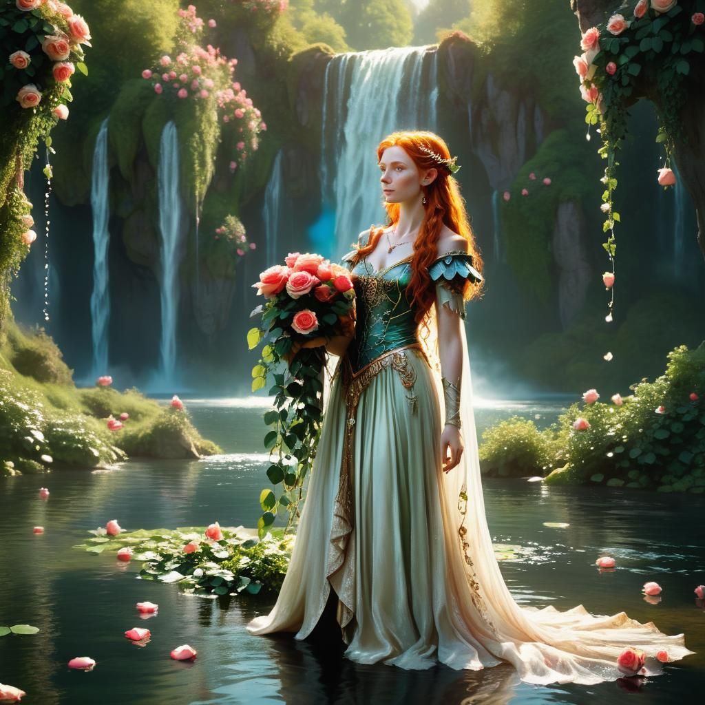 Ginger Elf Queen in Magic Rose Garden, Fantasy Art