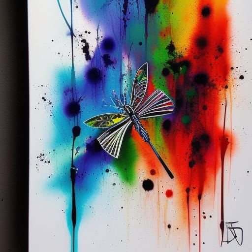 Colorful Dragonfly in Tribal Graffiti Street Art