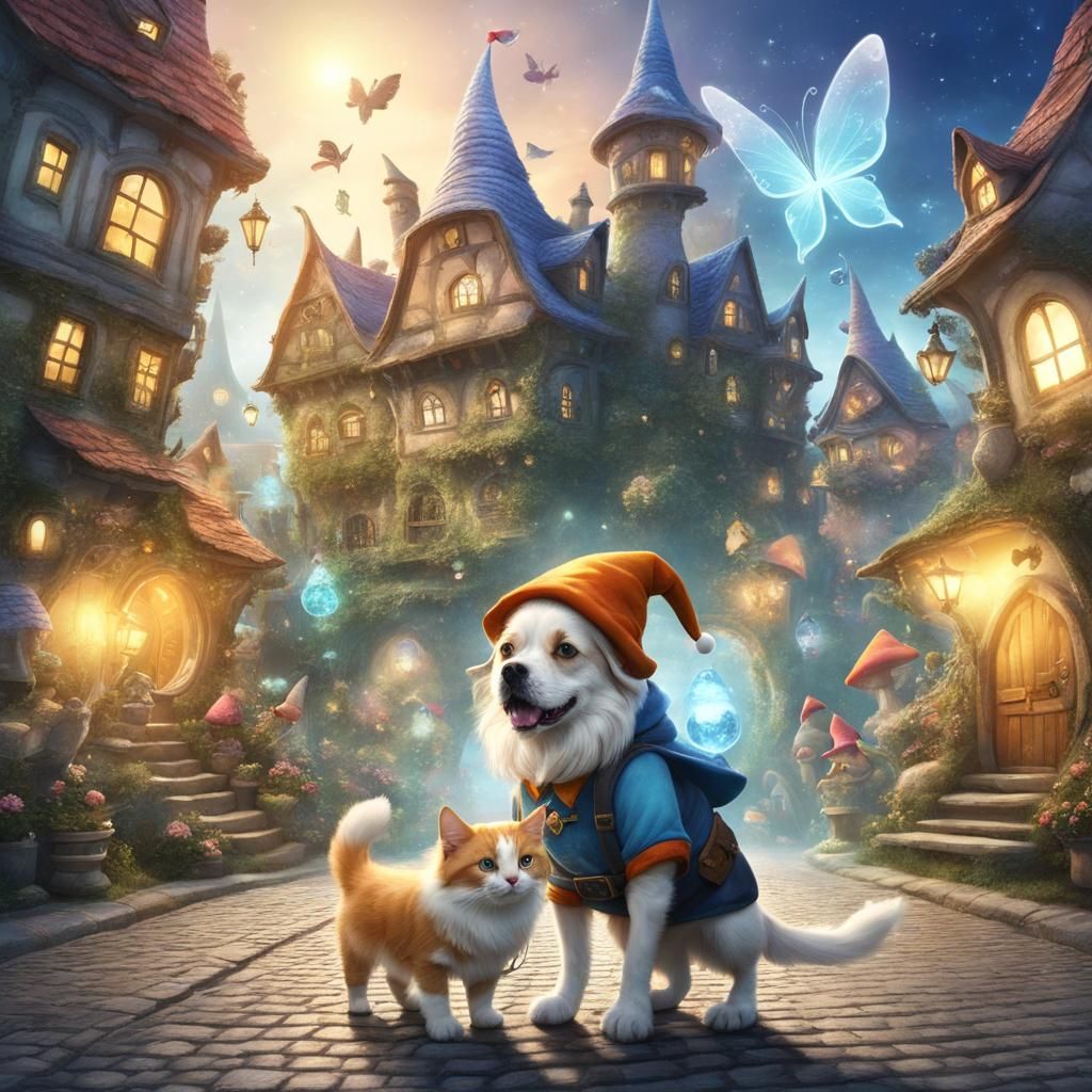 Magical Cat and Dog in Fantasy Cityscape