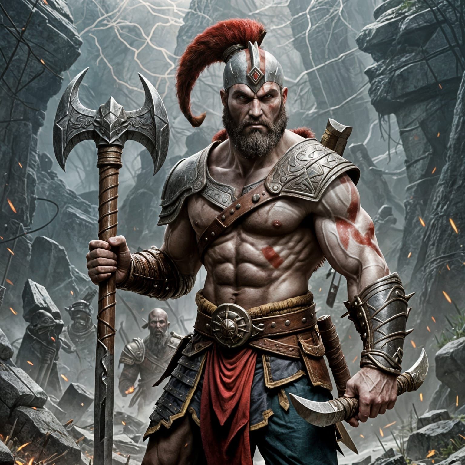 Helmeted God of War with Sickle Sword and Hammer