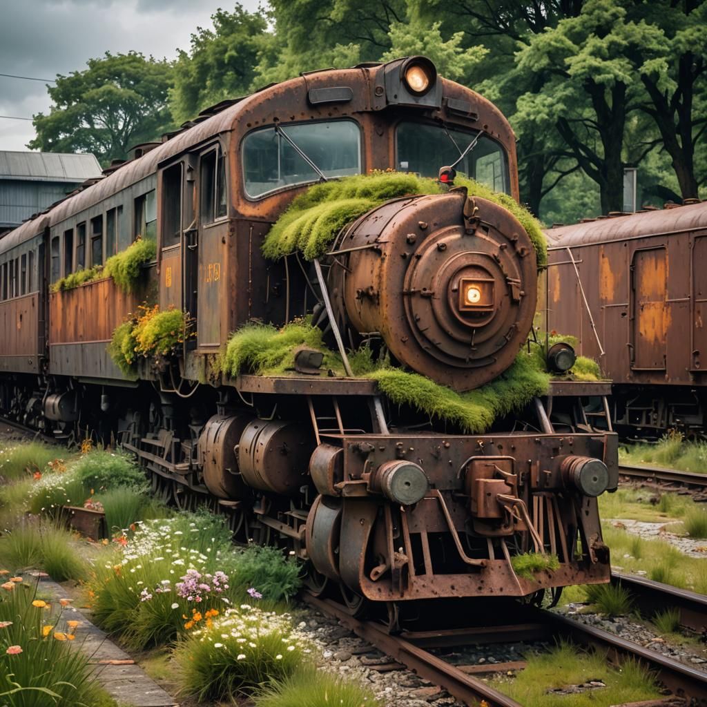 Hyperrealistic Trainyard Scene with Rusty Train