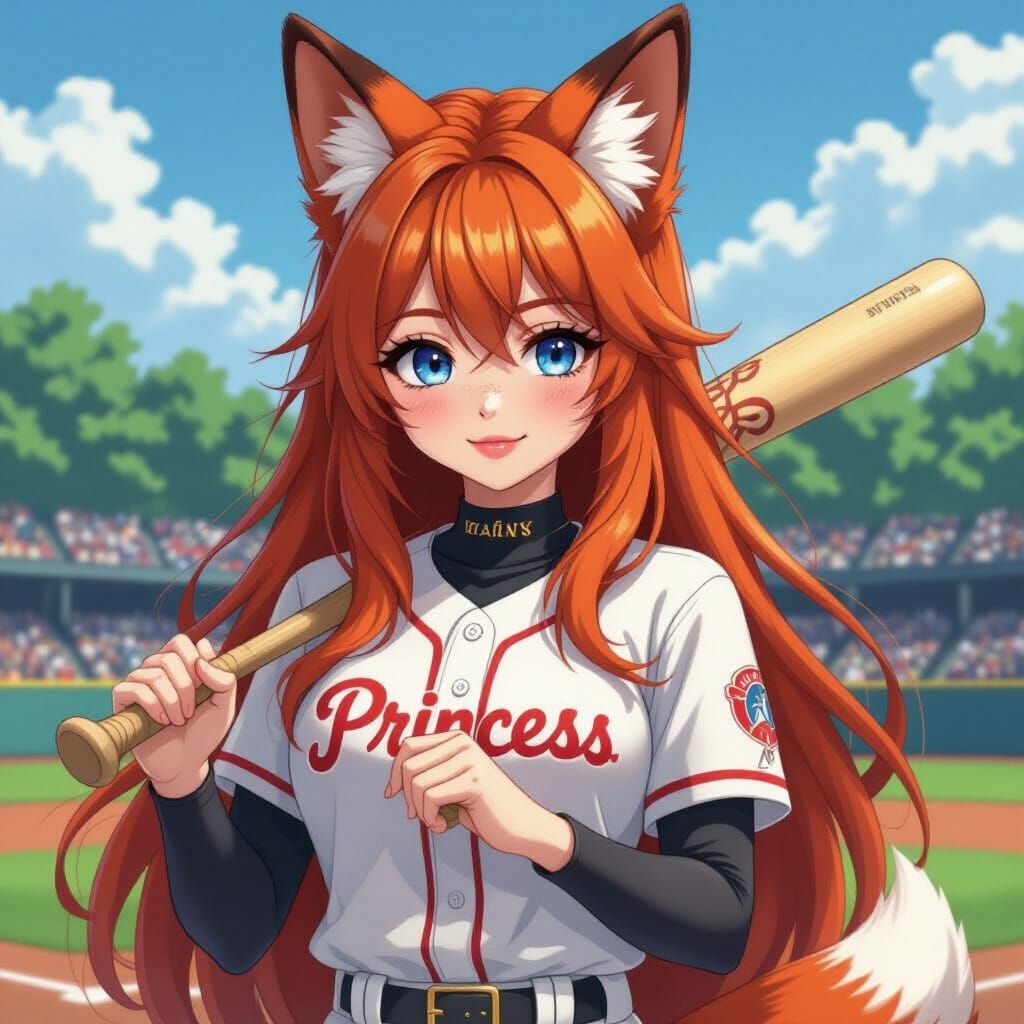Fox Woman Princess in Baseball Uniform, Anime Style