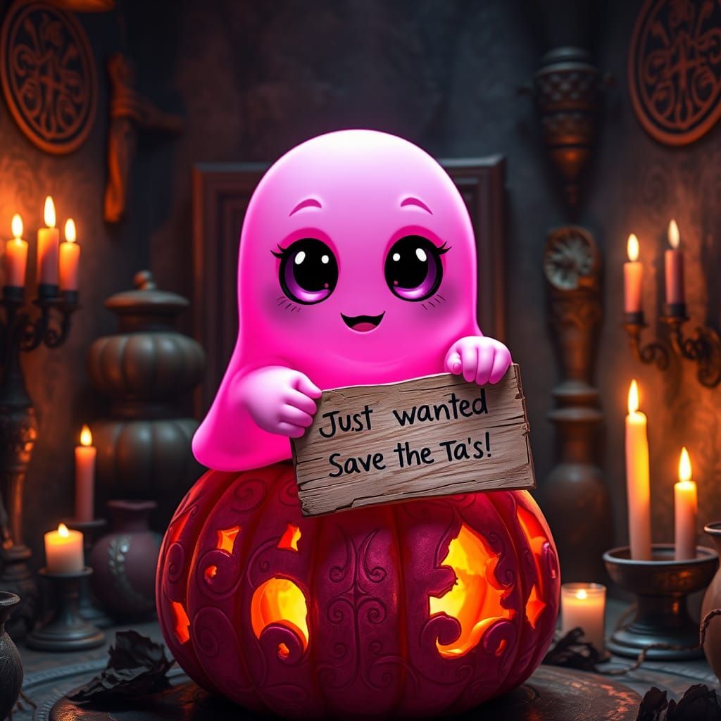 Chubby Pink Ghost on Mystical Pumpkin