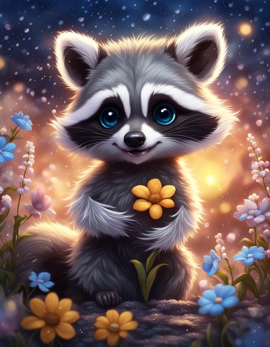 Fantasy Baby Raccoon Playing in Flower Rain