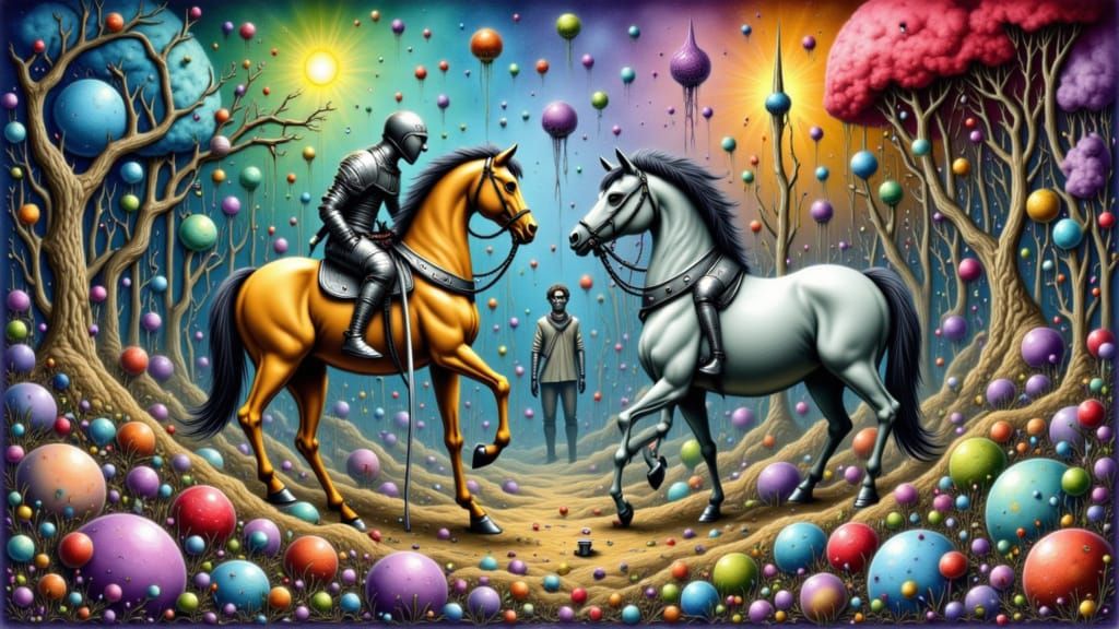 Knight Battles Clown in Surreal Watercolor Landscape