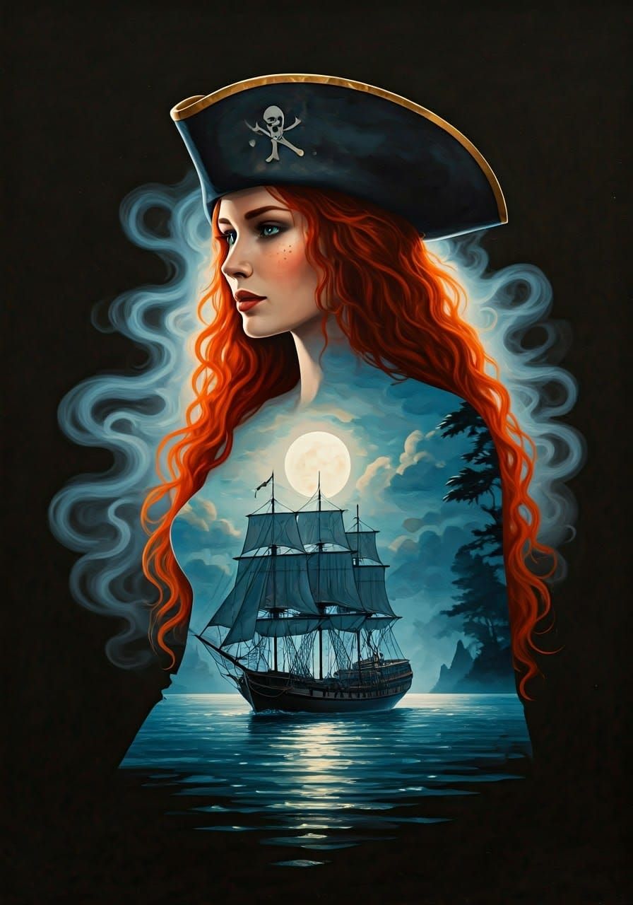 Redhead Pirate Double Exposure in Ethereal Style