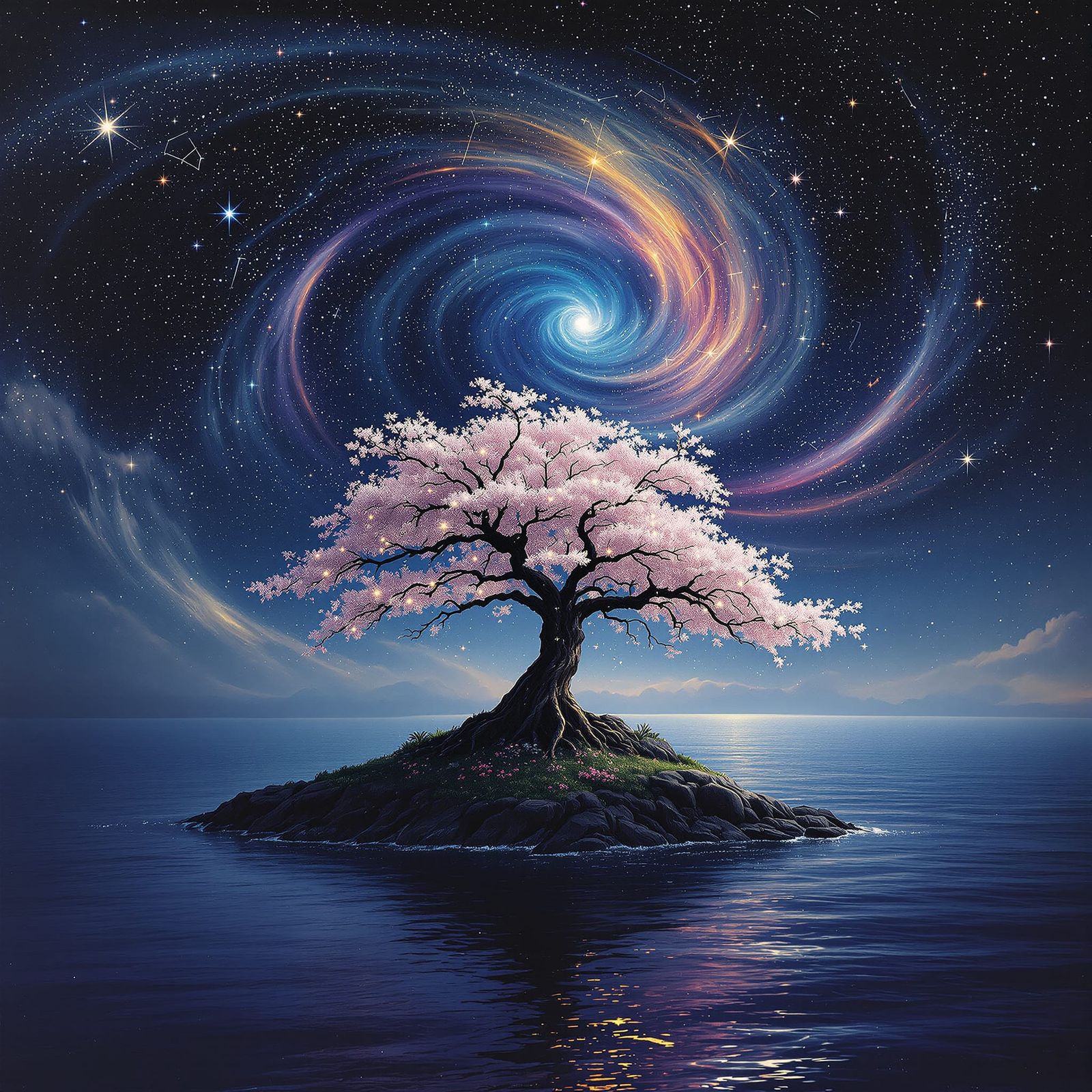 Ancient Cherry Tree Under Cosmic Sky