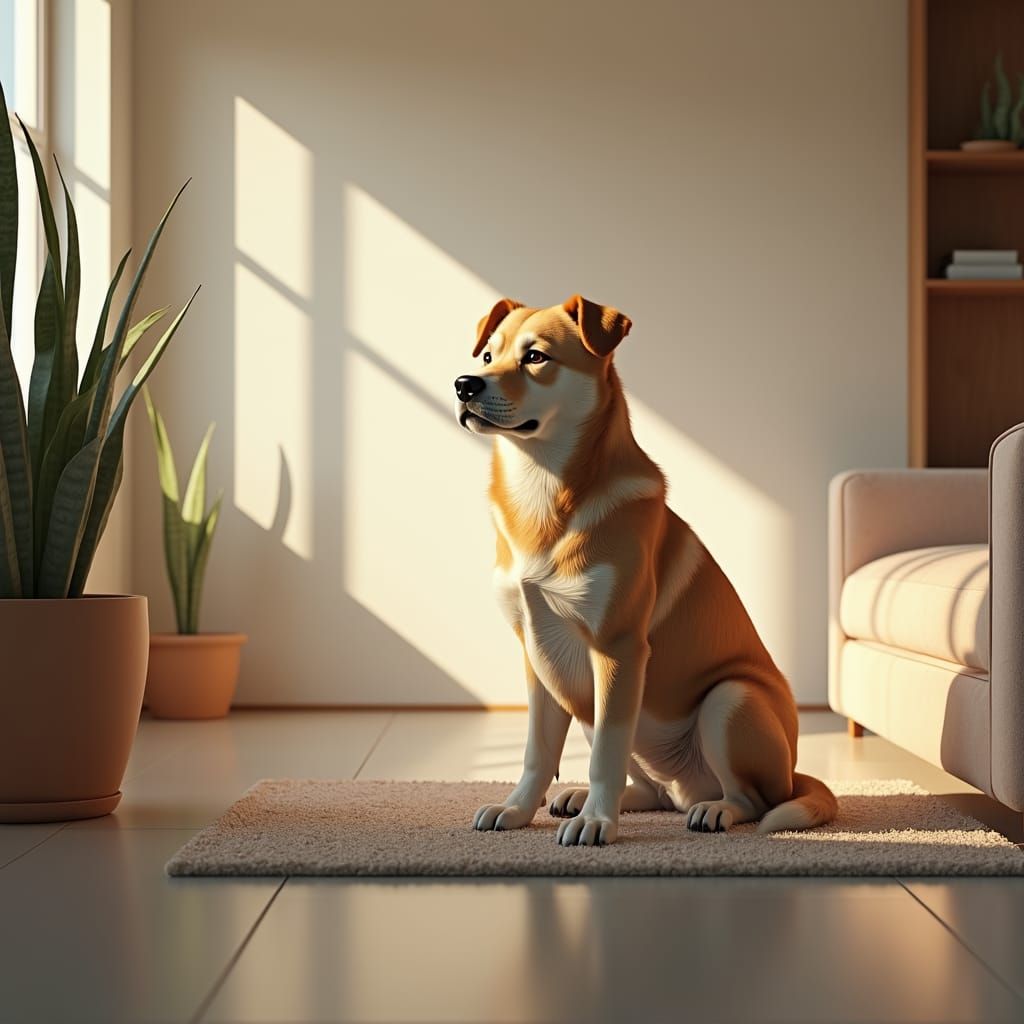 Dog in Modern Room: Hyper-Realistic 3D Render
