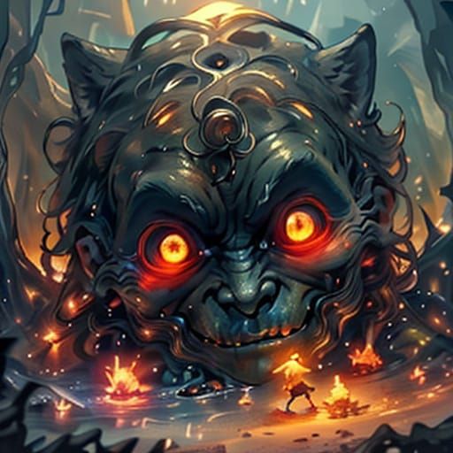 Giant in a Cave with Glowing Torchlight