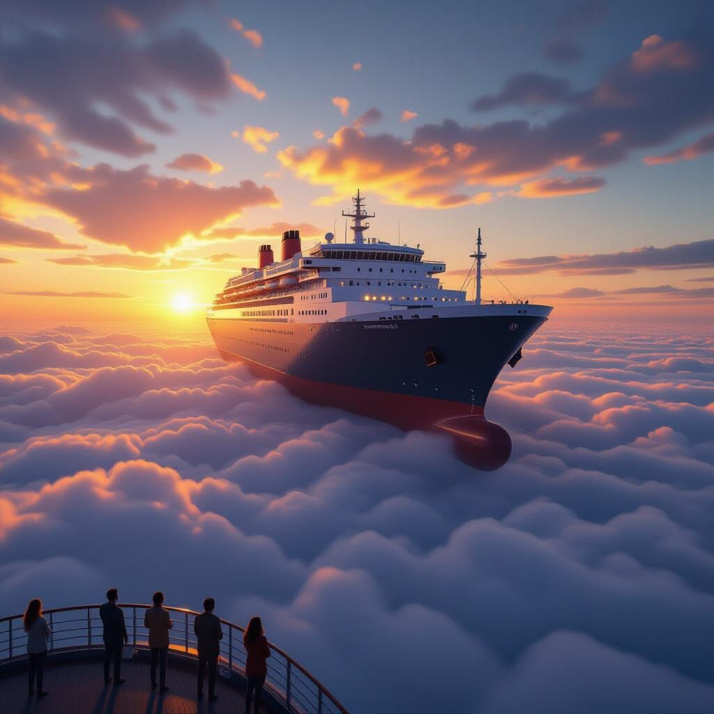 Giant Ship Sails Above Clouds in Glowing Sunset