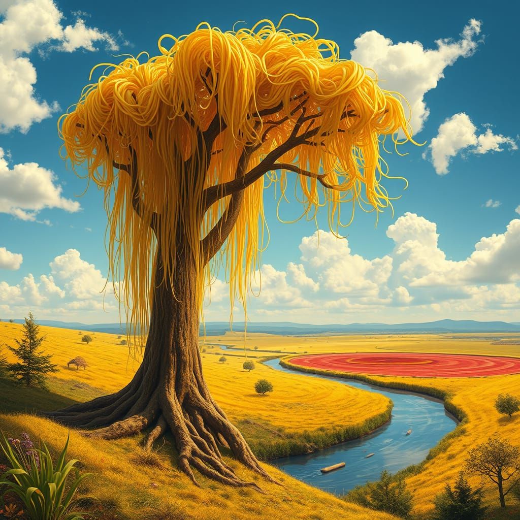 Surreal Italian Renaissance Landscape with Spaghetti Tree