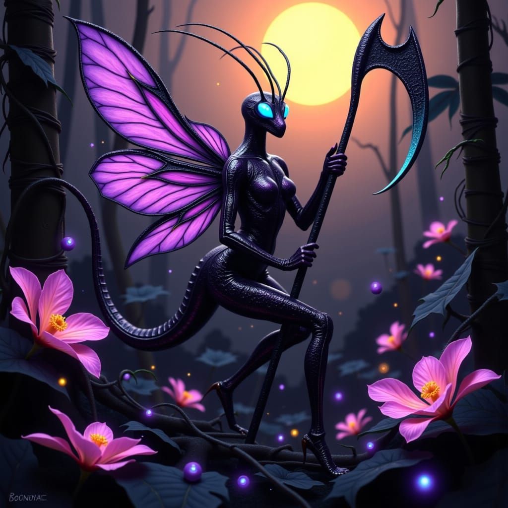 Flower-Mantis Queen with Gothic Scythe, Dark Fantasy Art