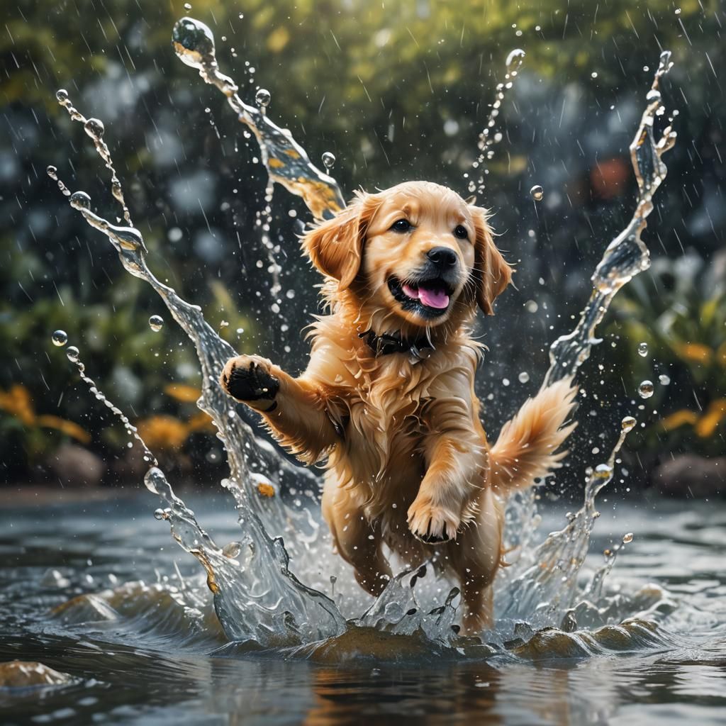 Golden Retriever Puppy Splashing: An Oil Painting