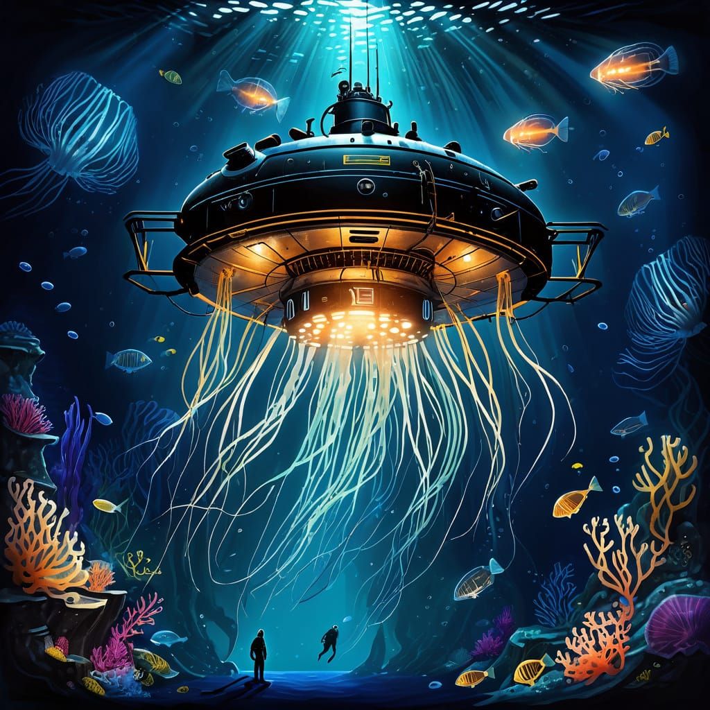 Deep-Sea Submersible Meets Ethereal Jellyfish in Gouache Sty...