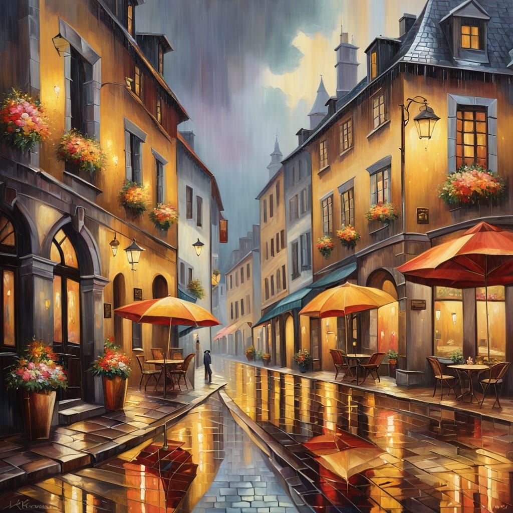 Cobblestone Street After Rain: A Renaissance Oil Painting