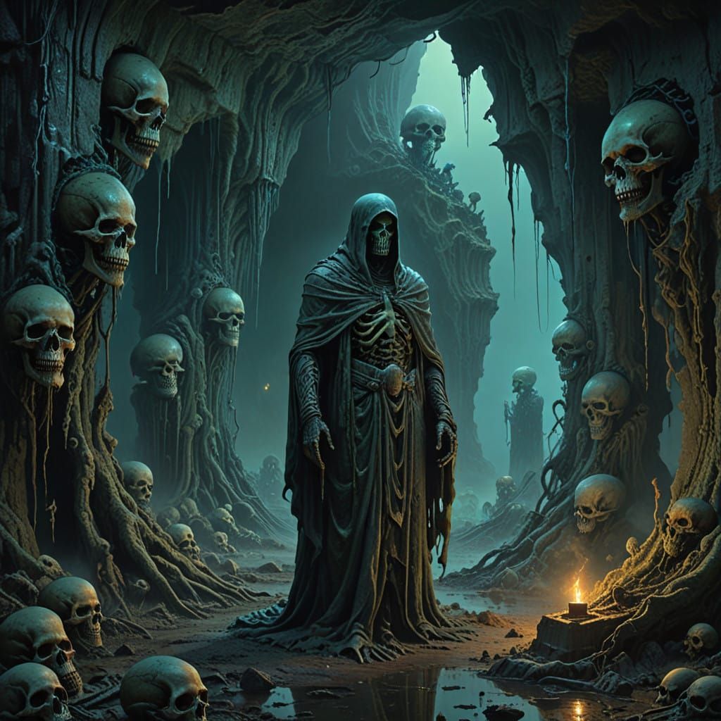 Dark Surreal Cave Scene with Ghostly Figures and Biomechanic...