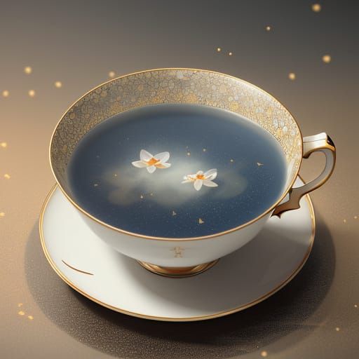 Levitating Teacup Over Koi Pond in Digital Art