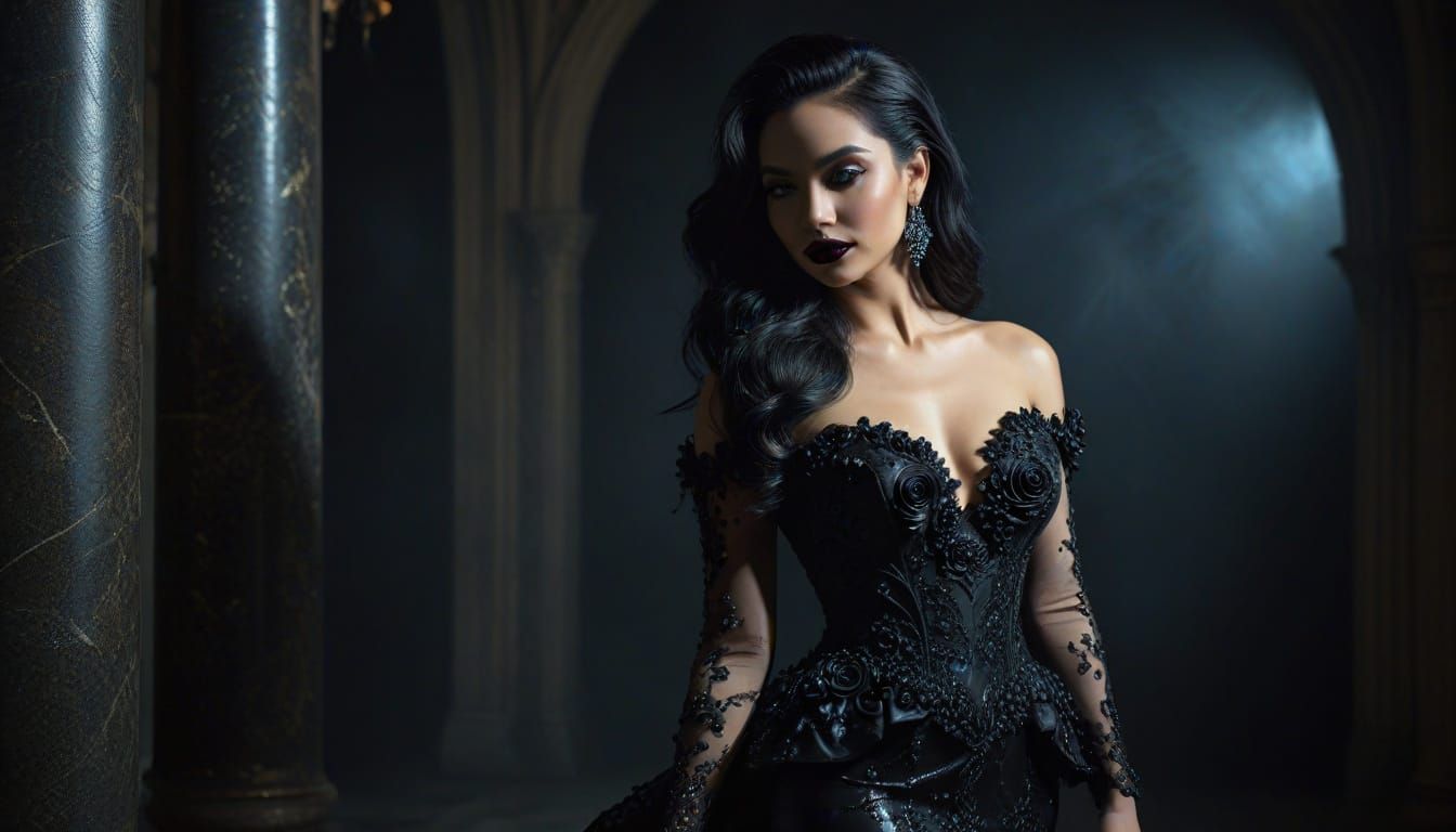 Gothic Portrait of Monica in Black Mermaid Gown