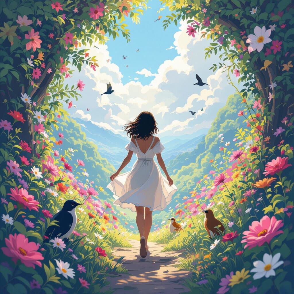 Woman Steps into Infinity: Anime-Inspired Dreamscape