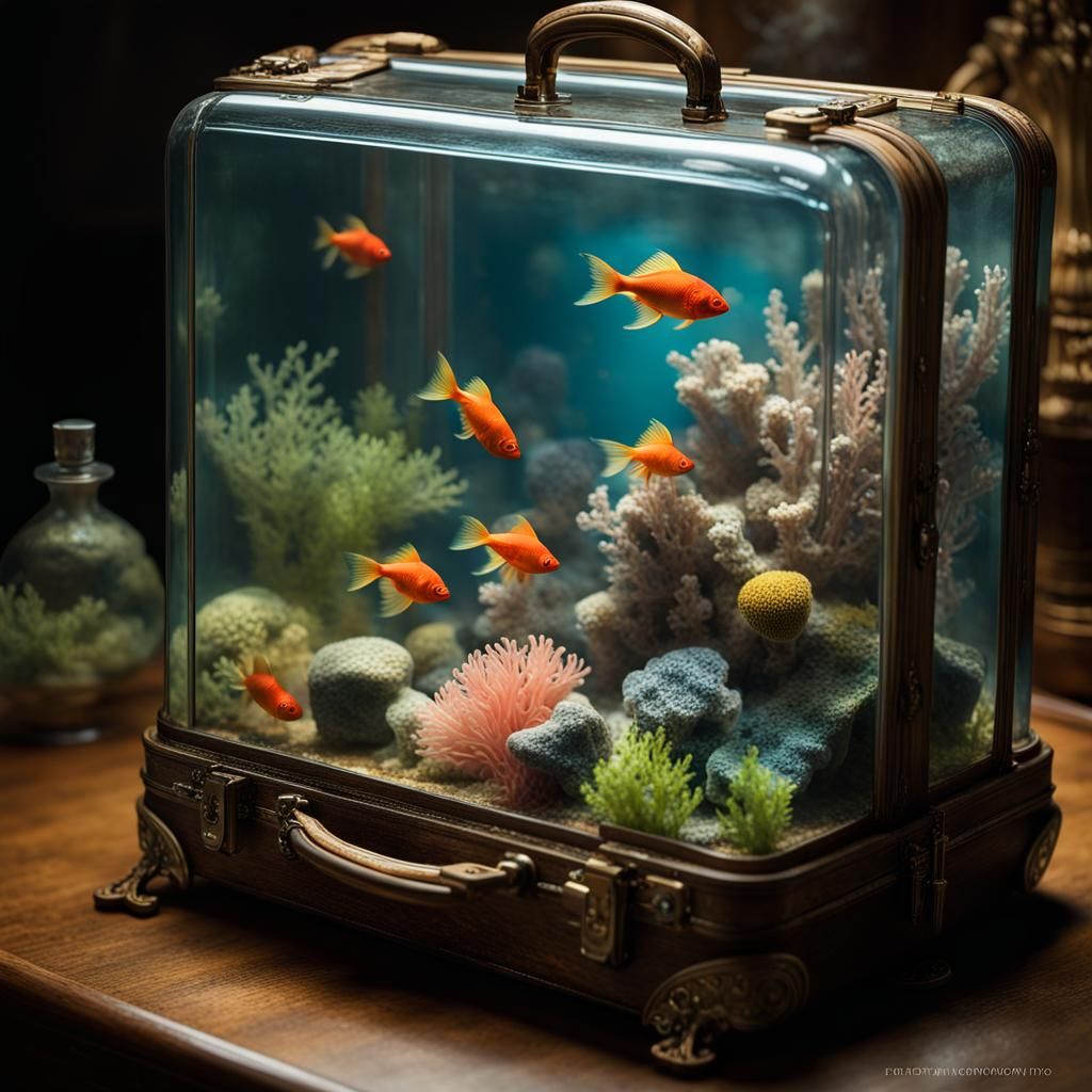 Miniature Aquarium in Glass Suitcase: Fantasy Art