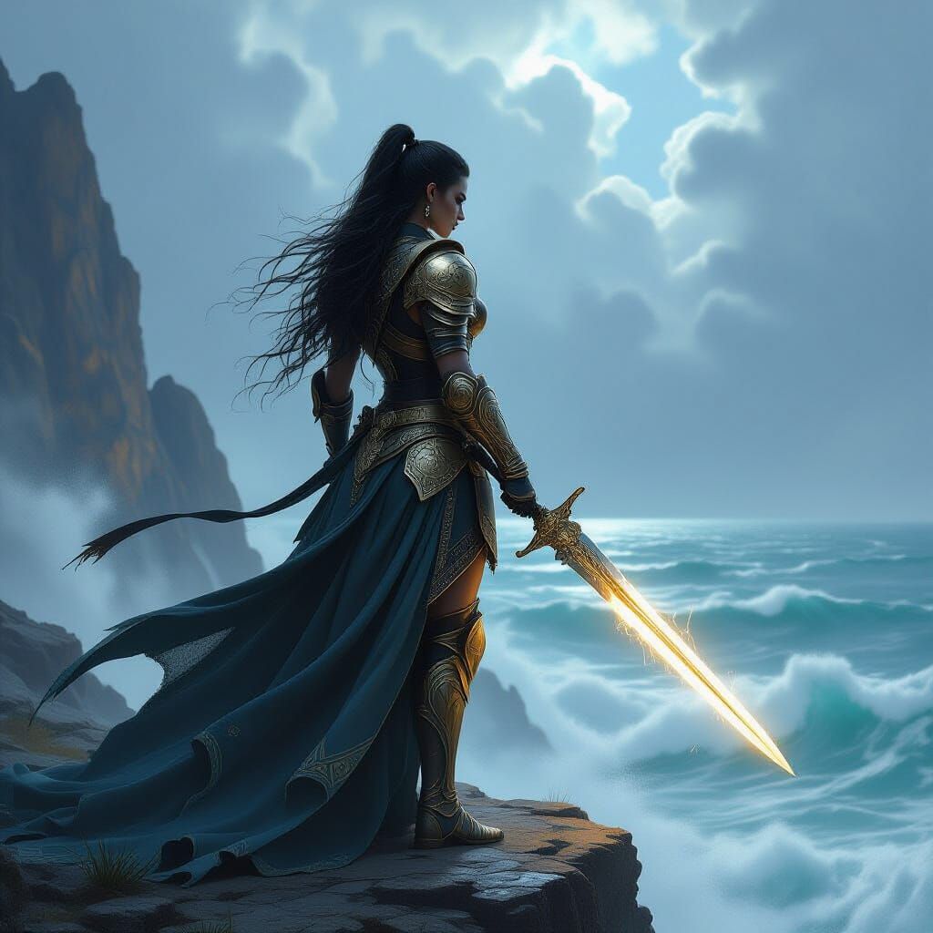 Lone Warrior Woman on Cliff Edge in Stormy Sea