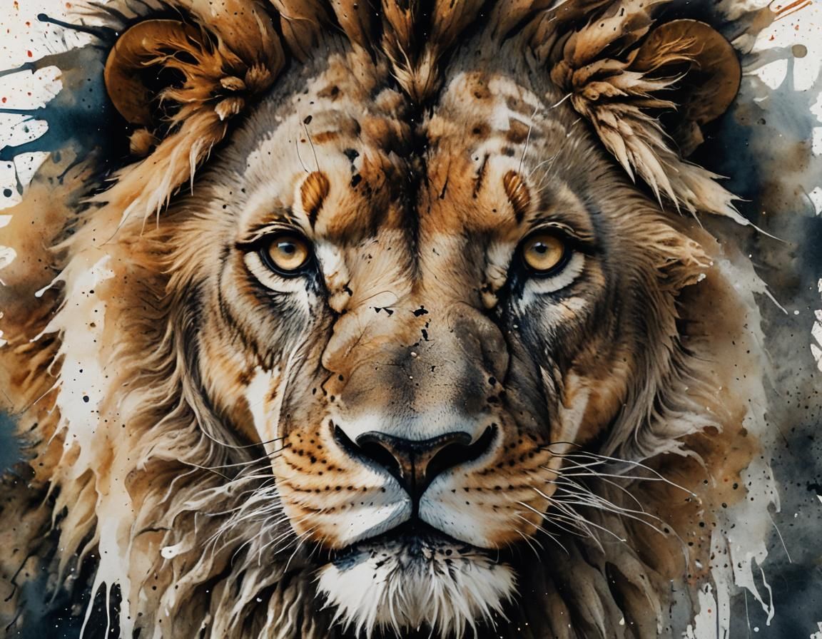 Majestic Lion Portrait in Splattered Ink Style