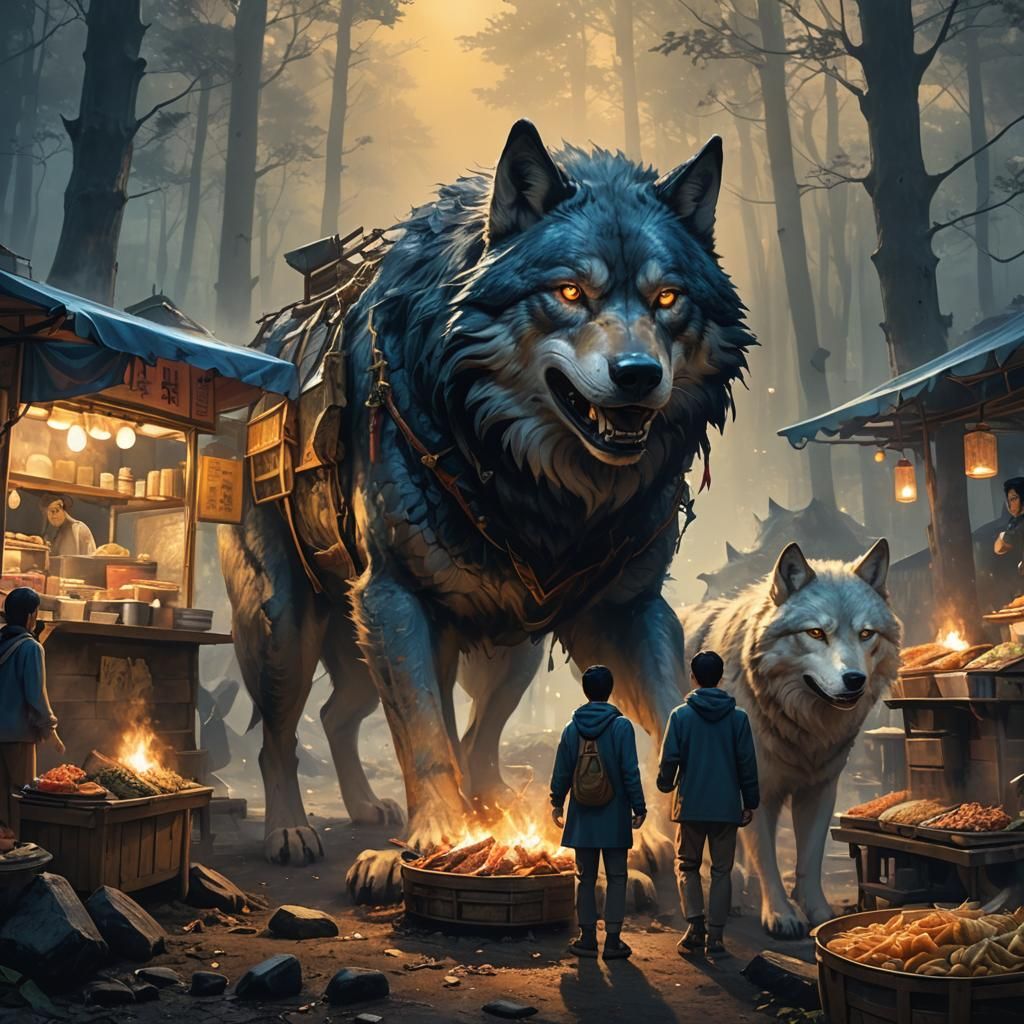 Fantasy Food Cart Confrontation: Man Versus Giant Wolf