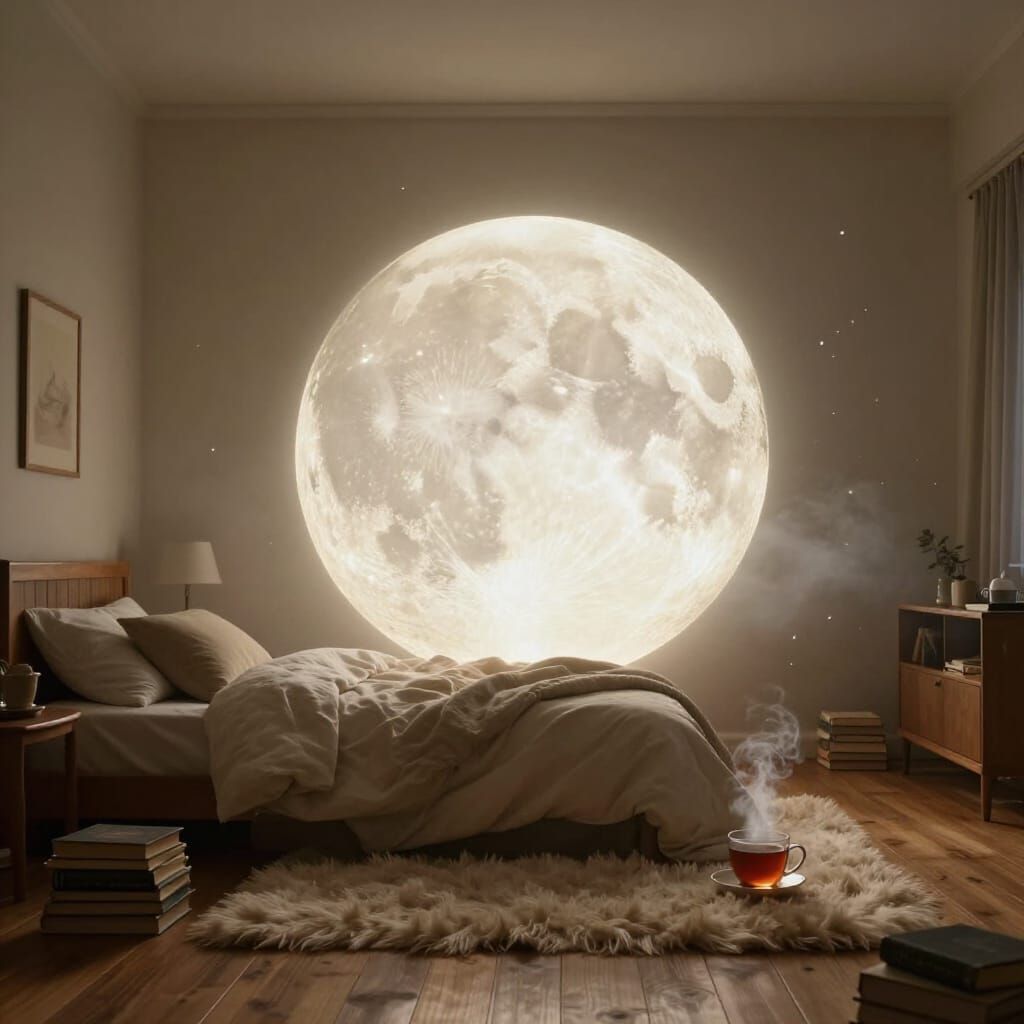 Giant Glowing Moon in Cozy Bedroom, Luminous Fantasy Style