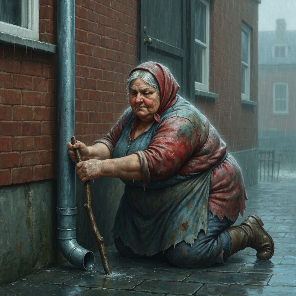 Elderly Woman Unblocks Downpipe in Gritty Social Realism Sty...