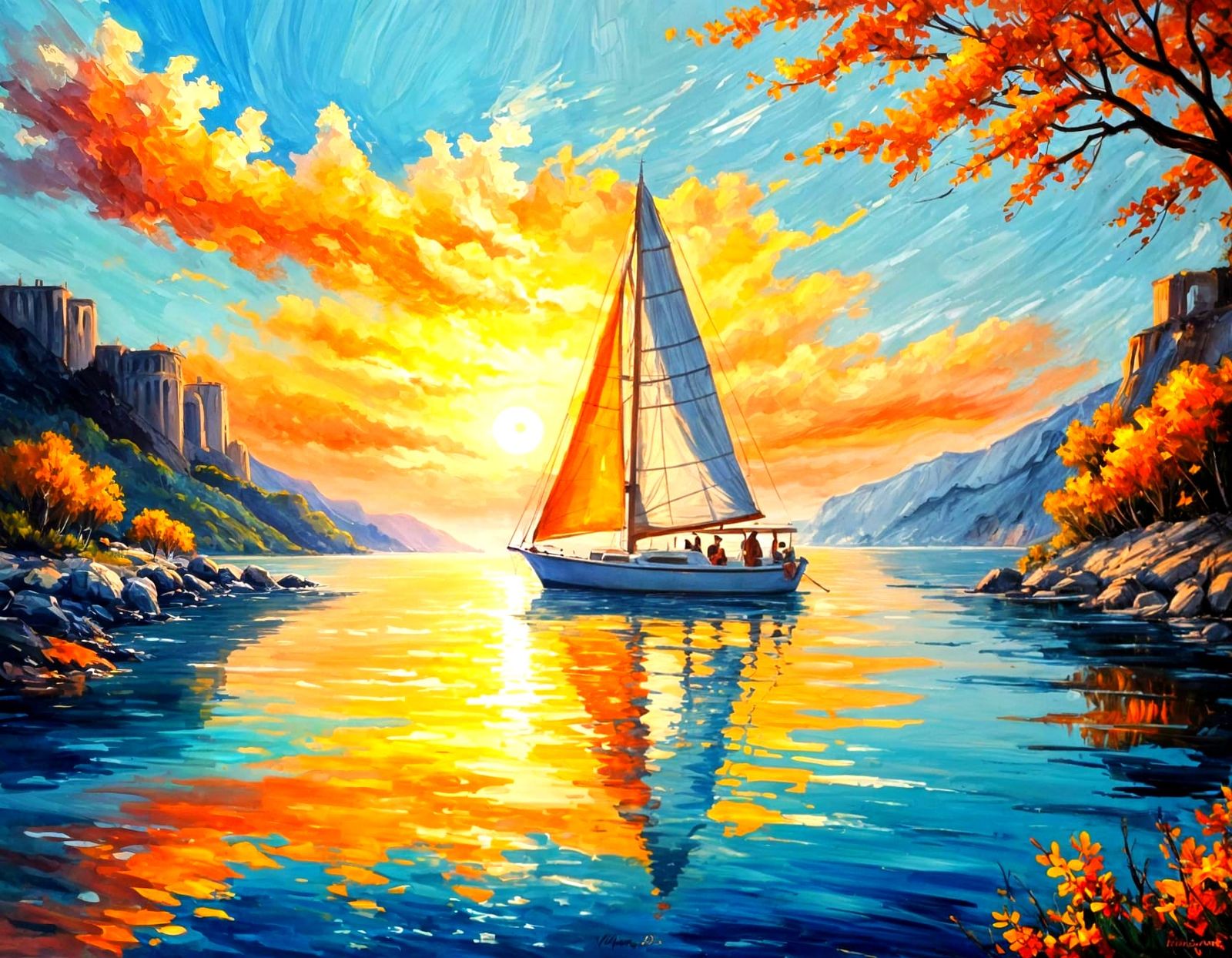 Mediterranean Coastal Scene in Vibrant Colors