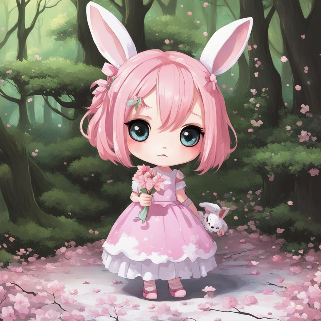 Chibi Girl in Cherry Blossom Forest, Pop Art Style