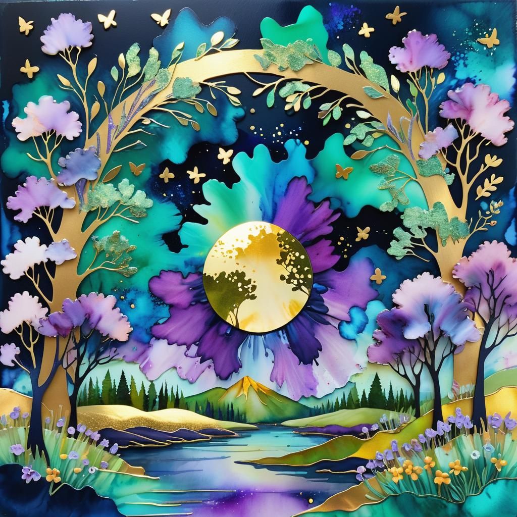 Gold Leaf Collage of Lavender Trees and Flowers