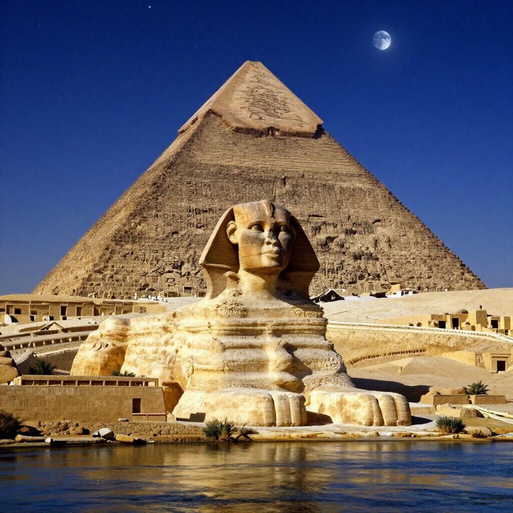 Egyptian Pyramids and Sphinx Under Starlit Sky