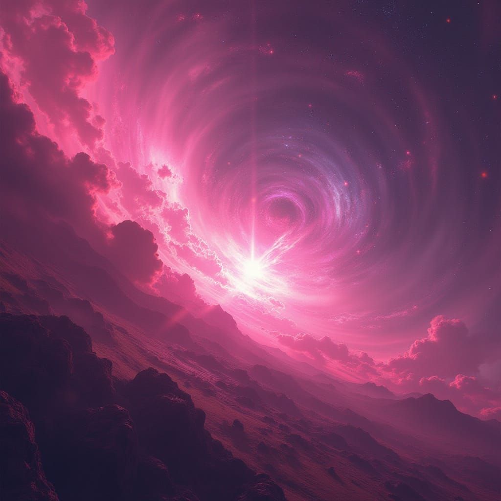 Vibrant Pink Galaxy with Radiant Stars and Swirling Nebulas