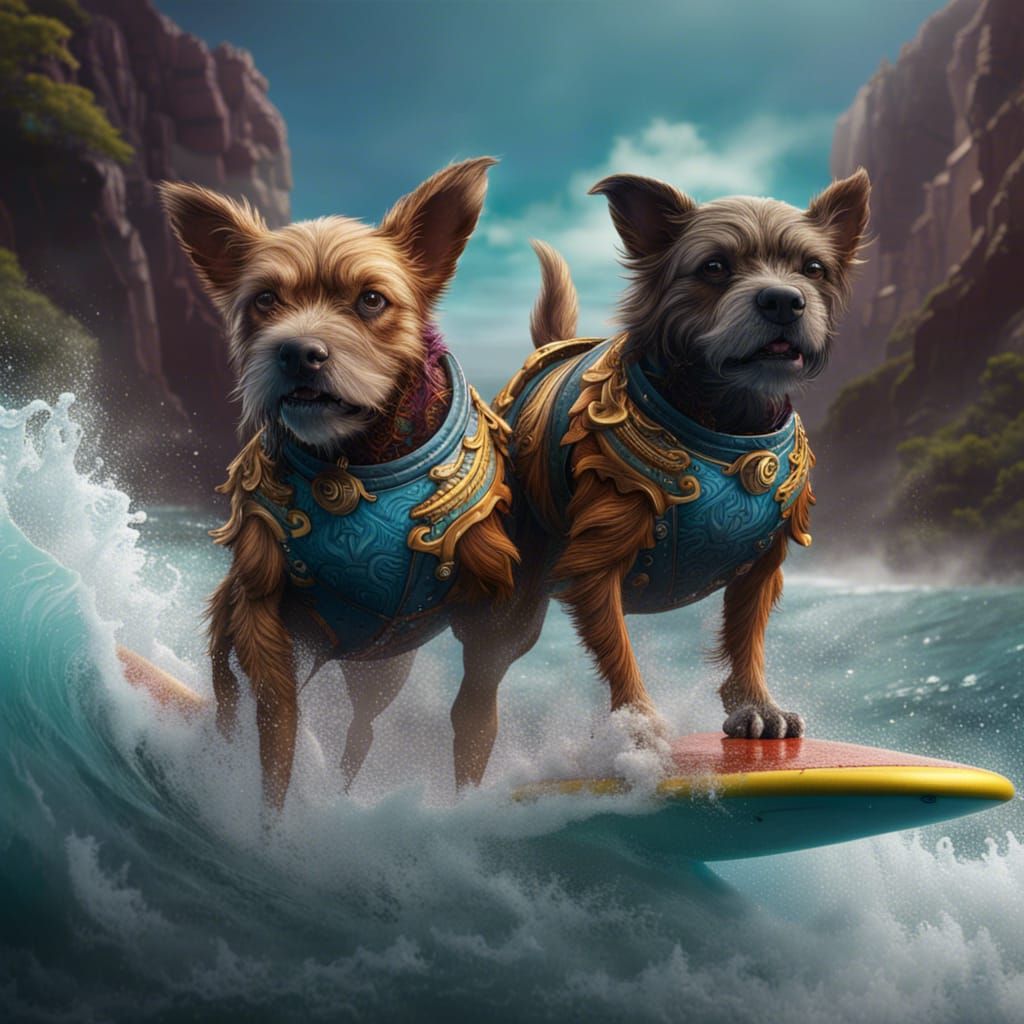 Two-Headed Dog Surfing: Detailed Fantasy Art